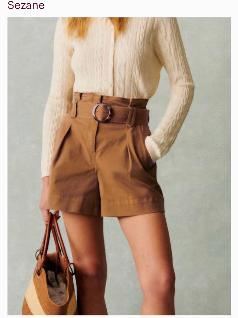 Sezane High-Waist Paperbag Belted Shorts in Tan Brown